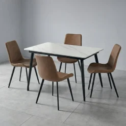 White Sintered Stone Dining Set with 4 Cognac Chairs - 48