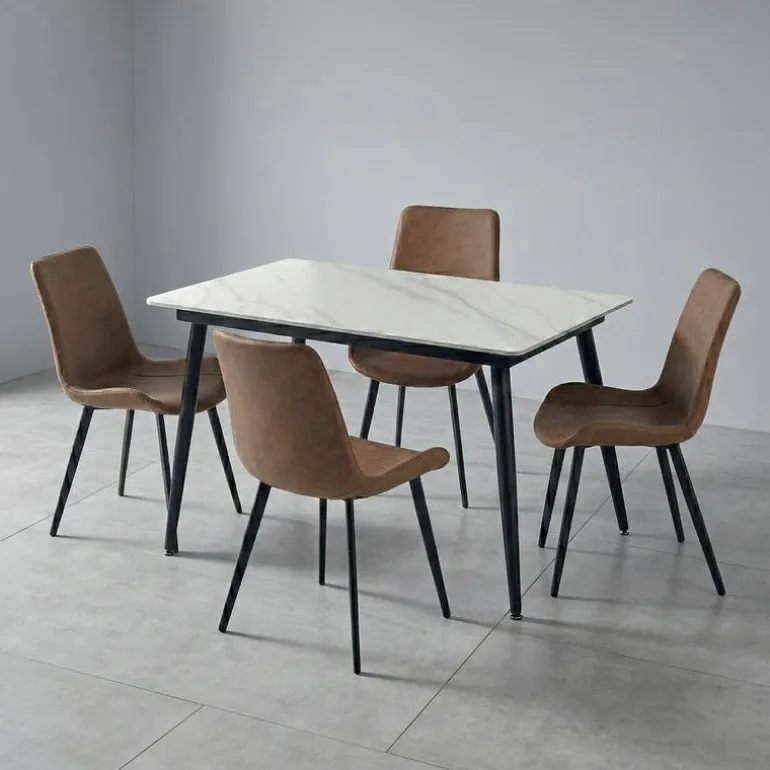 White Sintered Stone Dining Set with 4 Cognac Chairs - 48"