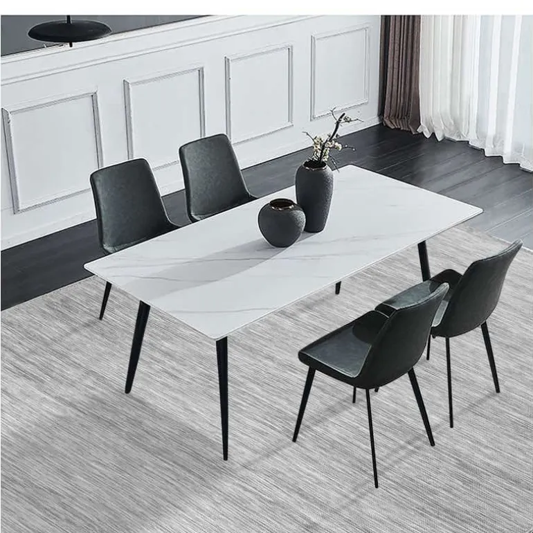 White Sintered Stone Dining Set with 4 Grey Chairs - 59"