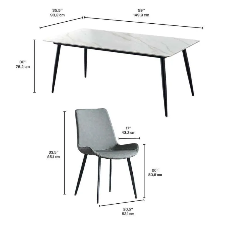 White Sintered Stone Dining Set with 4 Grey Chairs - 59"