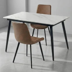 White Sintered Stone Dining Set with 2 Cognac Chairs - 48"