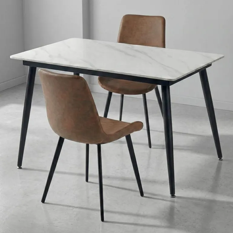 White Sintered Stone Dining Set with 2 Cognac Chairs - 48"