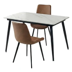 White Sintered Stone Dining Set with 2 Cognac Chairs - 48